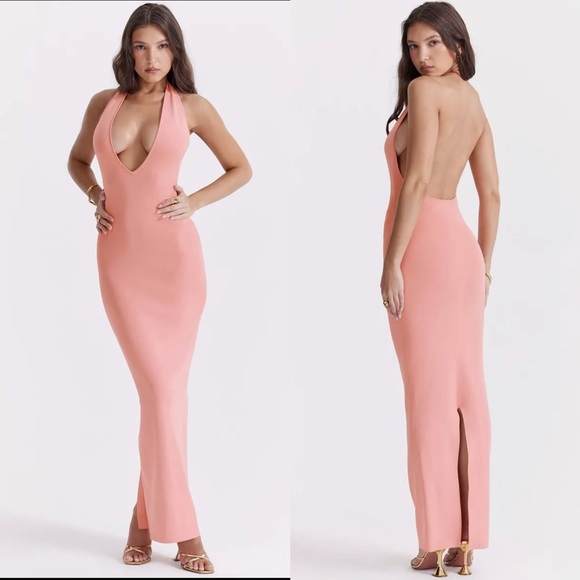 HOUSE OF CB 'Camelia' Apricot Pink Plunge Maxi Dress - Picture 1 of 10